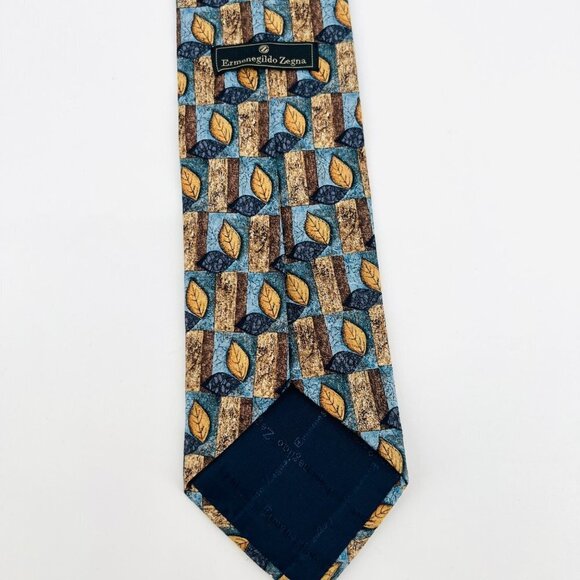 Ermenegildo Zegna Disegno Esclusivo 100% Silk Necktie‎ Fall Leaves Blue Tan - Picture 3 of 7